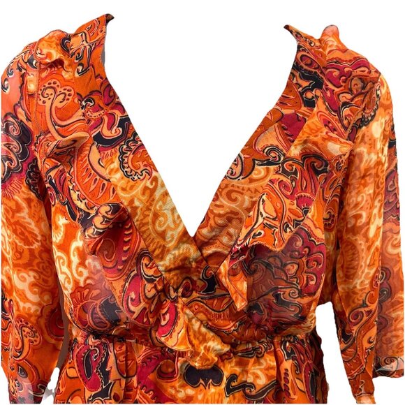 CINDY AMBUEHL QVC Womens Blouse Orange Ruffle Tie Waist Boho Sheer Sz XL NWT - Picture 2 of 11